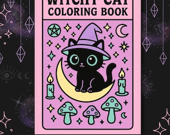 May include: A pink coloring book titled "Witchy Cat Coloring Book" featuring a black cat wearing a witch hat, sitting on a crescent moon. The cover includes stars, candles, mushrooms, and the text "16 Pages + Bonus".