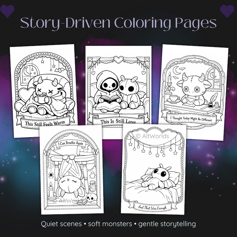 Spooky Love Coloring Pages | Kawaii Cryptid Romance Gothic Hearts PDF image 4