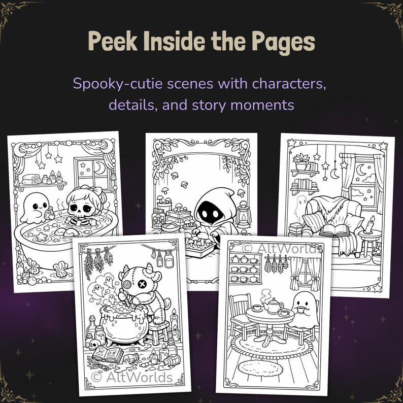Spooky Cutie Coloring Book PDF, Cozy Gothic Coloring Pages image 3