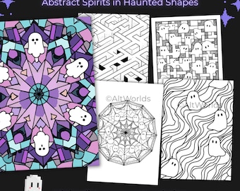 May include: A collection of digital coloring pages with a spooky theme. The pages feature geometric designs, mazes, and ghost illustrations. The text reads "Geo Ghost" and "Minimalist creepy-cute coloring for alt souls."
