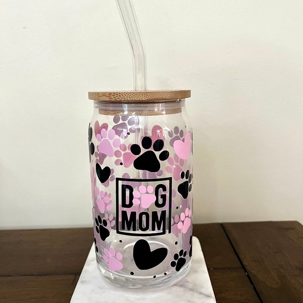 Dog Mom 16oz Glass Can Cup | Libbey Glass Can Cup | 16oz Coffee Glass Can Cup | Coffee Glass Can Cup | Iced Coffee Can Cup