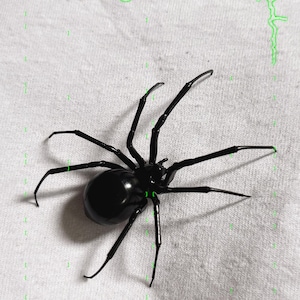 Könnte beinhalten: Schwarze Kunststoff-Black-Widow-Spinnenbrosche. Die Spinne hat einen glänzenden, abgerundeten Hinterleib und lange, schlanke Beine. Der Text "Rotting Relict Props" steht oben in Grün, und "PLASTIC SPIDER AS A PIN" und "BLACK WIDOW" stehen unten.