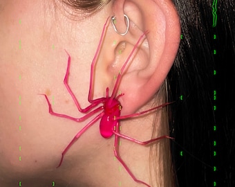 Plastik Spinne als Ohrring | Neon Pink | Realistische Hauswinkelspinne Ohrstecker | 1 Stk
