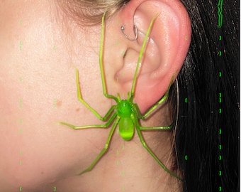 Plastik Spinne als Ohrring | Neon Grün | realistische Hauswinkelspinne Ohrstecker | 1 Stk