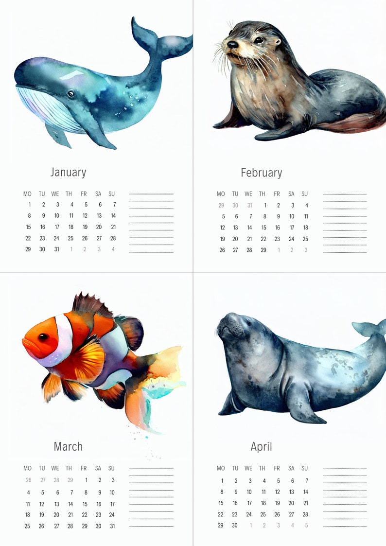 2024 Calendar Printable, 2024 Calendar Printable, Sea Animals Calendar