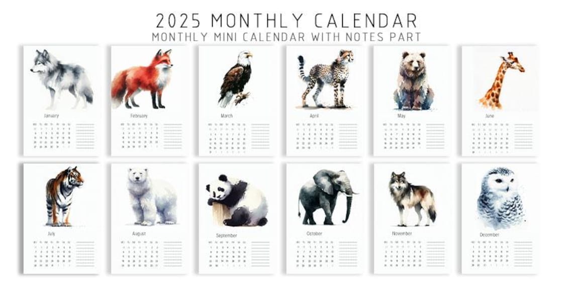 2025 Printable Calendar, 2025 Calendar Printable, Animal 2025 Calendar, Watercolor Printable
