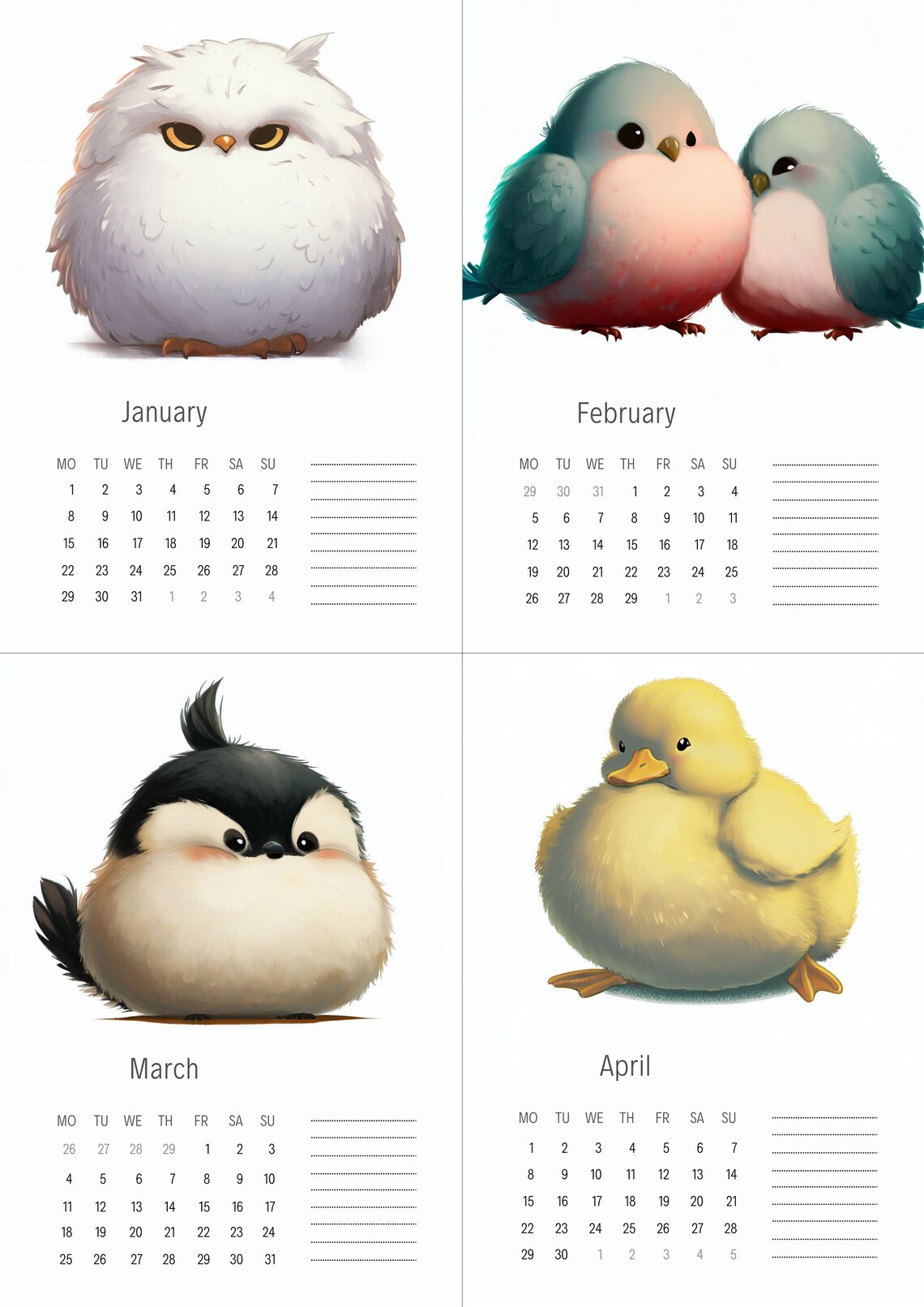 2025 Printable Calendar, 2025 Calendar Printable, Birds 2025 Calendar, Anime Birds Printable