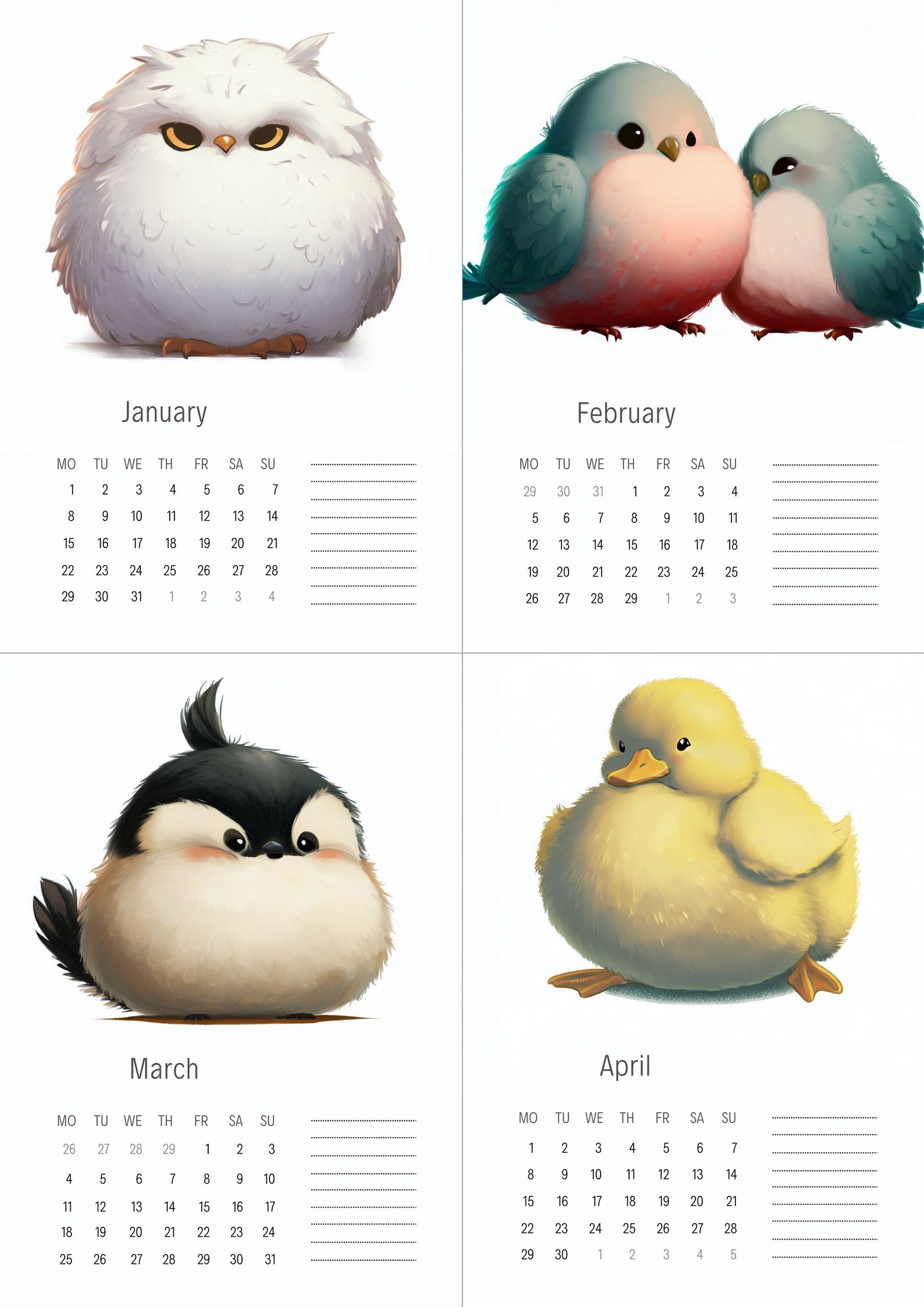 2025 Printable Calendar, 2025 Calendar Printable, Birds 2025 Calendar