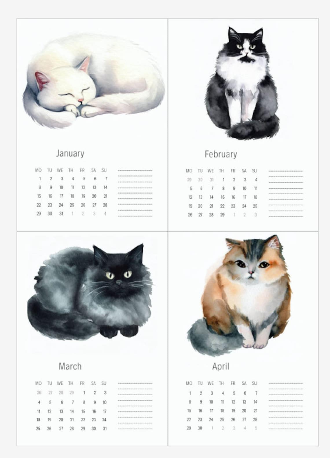 2025 Printable Calendar, 2025 Calendar Printable, Cat 2025 Calendar, Watercolor Printable