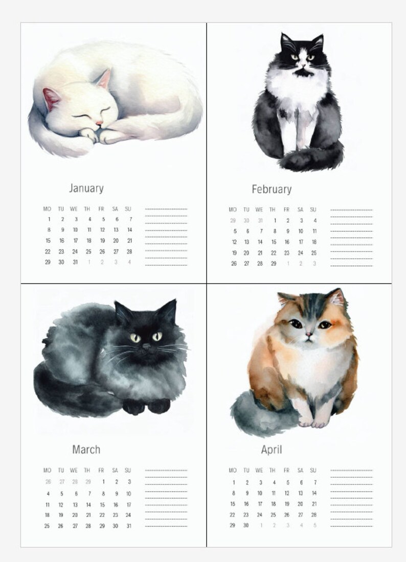 2024 Printable Calendar, 2024 Calendar Printable, Cat 2024 Calendar ...