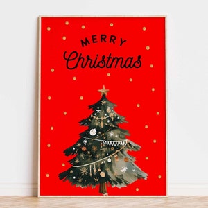 Weihnachtsbaum Print Rot | Frohe Weihnachten Wand Kunst | Digitale Kunst | Rotes Weihnachtsplakat | Druckbare Wandkunst für Weihnachten