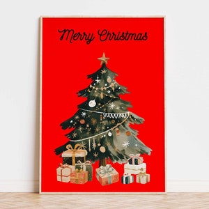Árvore de Natal para impressão para download | Arte de parede de Feliz Natal | Arte digital | Pôster de Natal vermelho | Arte de parede para impressão para o Natal