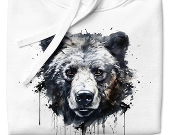 BEAR Ink Drip White Unisex Hoodie | Cozy Winter Wear, Nature-Inspired, Bear Lover Gift, Unique Artwork, Forest Animal, Watercolor, Sketch