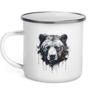 BEAR 12oz Camp Mug with Bear Ink Drip Art - Rustic Wilderness Enamel Camping Cup - Nature Lover Gift
