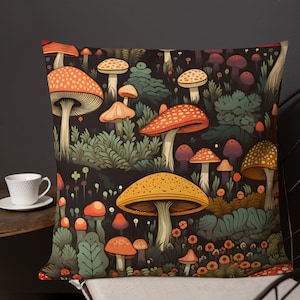 VINTAGE MUSHROOM FOREST Premium Pillow | Boho Home Decor - Throw Cushion Cover - Woodland Nature Art - Retro Style