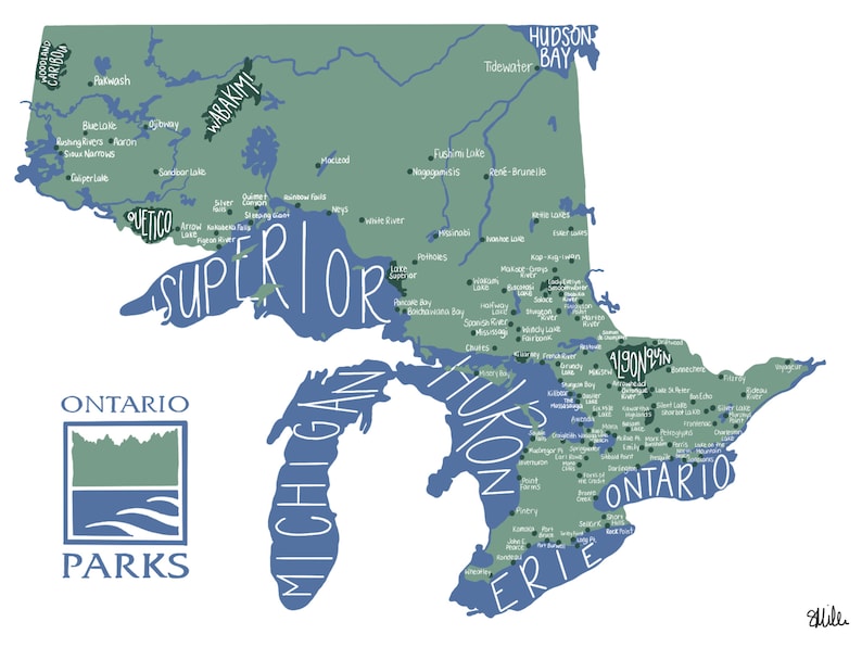 May include: A map of the Great Lakes region of North America, highlighting the Ontario Parks system. The map shows the lakes Superior, Huron, Erie, and Ontario, with various parks and locations marked. The map is in a blue and green color scheme, with the text "Ontario Parks" in a blue box at the bottom left.