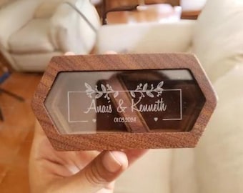 Custom Wooden Wedding Ceremony Ring Box Personalized Engraved Engagement Ring Box Ring Bearer Proposal Ring Box Holder Personalise Glass Lid