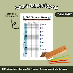 Op de afbeelding: Een afdrukbare A5-schermtijdtracker met een bosthema. De grafiek heeft een raster voor het bijhouden van dagelijks gebruik, met kleurgecodeerde tijdsblokken en een legenda. Inclusief een houten etui en kleurpotloden.