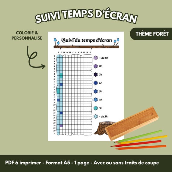 Pages de bullet journal féerique à imprimer en français / Pages pour bujo imprimable / Suivi temps écran / Suivi habitudes / Année en pixels