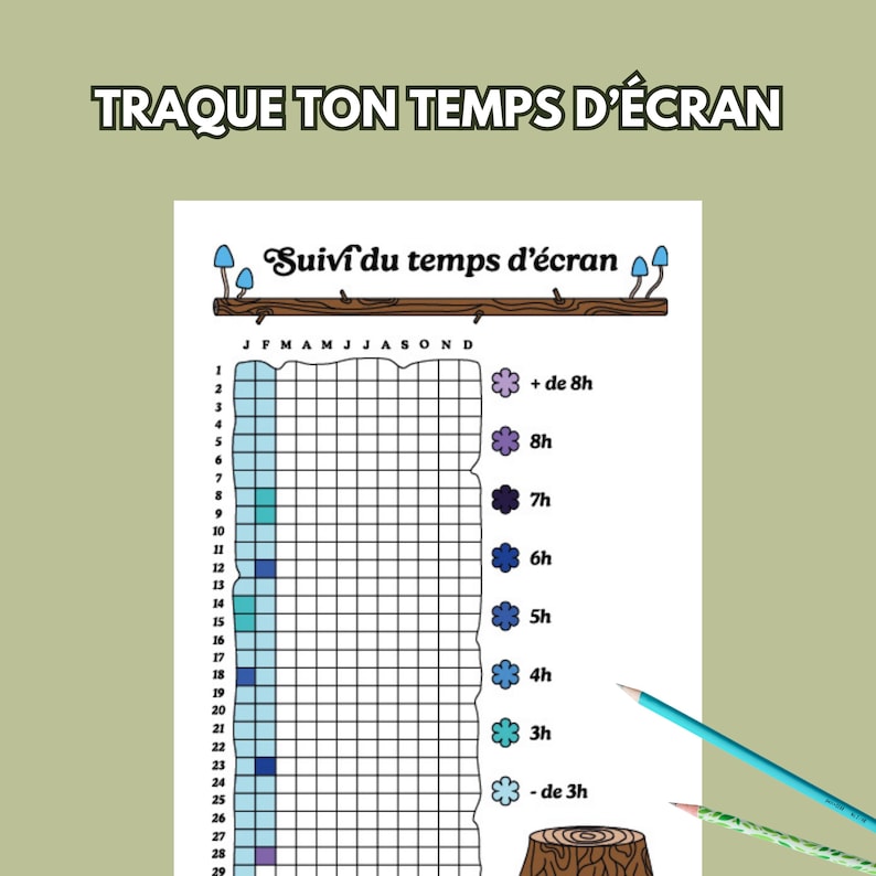 Op de afbeelding: Een witte schermtijdtracker met de tekst "TRAQUE TON TEMPS D'&Eacute;CRAN" en "Suivi du temps d'&eacute;cran". De tracker heeft een raster voor maandelijkse tracking, met kleurgecodeerde tijdsblokken en een schaal van minder dan 3 uur tot meer dan 8 uur.