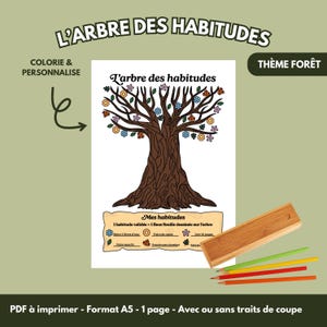 May include: A printable A5-sized habit tracker with a tree design. The tree has colorful flowers and the text "L'arbre des habitudes". A wooden pencil case and colored pencils are next to the tracker. The theme is forest.