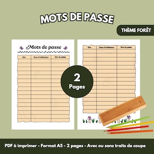 Peut inclure: Deux pages de journal de mots de passe imprimables sur le thème de la forêt. Les pages ont un fond imitation bois et comprennent des champs pour le site, le nom d'utilisateur et le mot de passe. L'image montre également une trousse en bois et des crayons de couleur.
