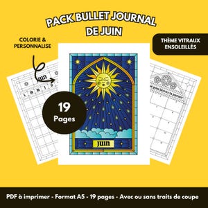Peut inclure: Un pack de bullet journal imprimable avec un motif de soleil en vitrail. Le journal comprend 19 pages et présente le texte "PACK BULLET JOURNAL DE JUIN". Le thème est "VITRAUX ENSOLEILLÉS". Le journal est au format A5.