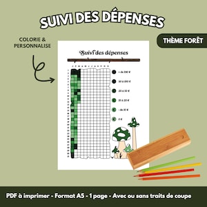 Peut inclure: Un suivi des dépenses imprimable avec le texte "SUIVI DES DÉPENSES" et "THÈME FORÊT". Le design présente une grille pour le suivi des dépenses, des illustrations de champignons et une trousse en bois avec des crayons de couleur. Le texte "COLORIE & PERSONNALISE" est également visible.