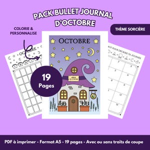 Pode incluir: Um pacote de bullet journal imprimível de 19 páginas com tema de bruxa. As páginas incluem um calendário, um rastreador e um registro diário com ilustrações de uma casa com chapéu de bruxa roxo, estrelas, luas e poções em preto e branco.