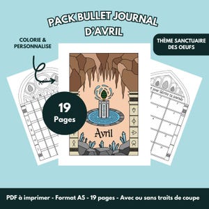 Peut inclure: Un pack de bullet journal A5 imprimable de 19 pages. La couverture présente une illustration centrale avec une bougie, des cristaux et le mot "Avril". Des pages supplémentaires incluent des mises en page de calendrier et le texte "Colorie & Personnalise".