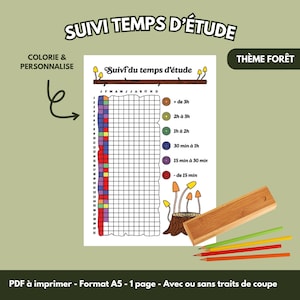 Puede incluir: Un rastreador de tiempo de estudio A5 imprimible con un tema de bosque. El gráfico presenta una cuadrícula para rastrear las horas de estudio, intervalos de tiempo codificados por colores y el texto "Suivi du temps d'étude" en francés. Incluye un estuche de lápices de madera y lápices de colores.
