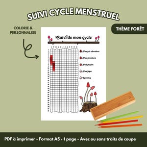 Puede incluir: Un rastreador de ciclo menstrual imprimible en formato A5 con tema de bosque. El gráfico incluye una cuadrícula para el seguimiento de los días, con símbolos para los niveles de flujo. El diseño presenta ilustraciones de hongos y el texto "Suivi de mon cycle".