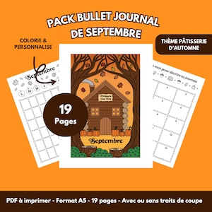May include: A 19-page printable bullet journal pack for September featuring an autumn bakery theme. The pages include a calendar layout, a daily log with acorn and pumpkin icons, and a central illustration of a log cabin bakery in a forest.