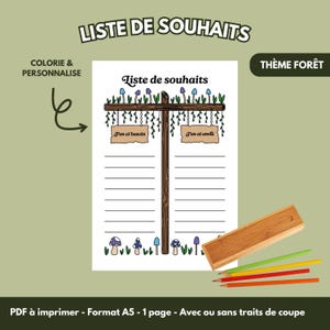 Peut inclure: Une liste de souhaits A5 imprimable sur le thème de la forêt. La liste présente une structure en bois décorative avec des illustrations de champignons et le texte "Liste de souhaits". Comprend une trousse à crayons en bois et des crayons de couleur.