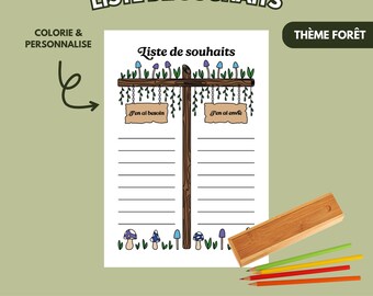 Peut inclure: Une liste de souhaits A5 imprimable sur le thème de la forêt. La liste présente une structure en bois décorative avec des illustrations de champignons et le texte "Liste de souhaits". Comprend une trousse à crayons en bois et des crayons de couleur.