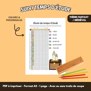May include: A printable A5 study time tracker with a fantasy theme. The design includes a grid for tracking time, a treasure chest, candles, and a wooden pencil case with colored pencils. The text reads "Suivi Temps d'Étude".