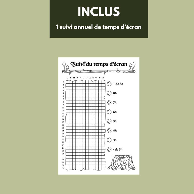 Op de afbeelding: Een zwart-wit schermtijdtracker met de tekst "INCLUS" en "1 suivi annuel de temps d'&eacute;cran". De tracker bevat een raster voor het bijhouden van de dagelijkse schermtijd, met labels voor maanden en tijdstappen.