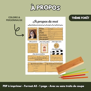 Peut inclure: Un document PDF A5 imprimable sur le thème de la forêt, avec un modèle de profil personnel. Le modèle comprend des sections pour le nom, l'âge, les loisirs et les choses préférées. Une trousse en bois et des crayons de couleur sont également visibles.