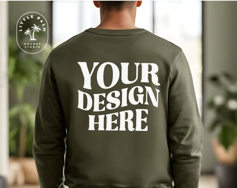Maqueta de espalda Gildan 18000 verde militar / Maqueta de suéter Gildan / Mock de sudadera de cuello redondo / Gildan G180 / Suéter de mezcla pesada / Casual