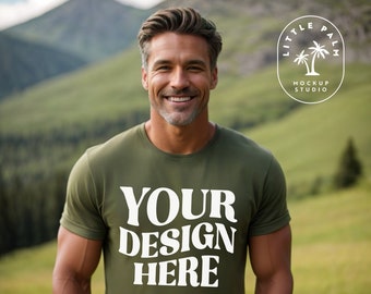 Militärgrön | Bella Canvas 3001 Mockup | T-shirt Mockup | Framsida Mockup | Herr 3001 T-shirt Mockup | Bergsmiljö | Casual Basic | Grön
