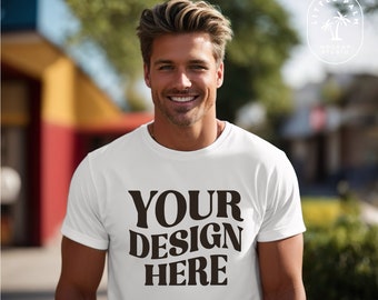 White Gildan 5000 Mens T-Shirt Mockup Gildan Shirt Mockup Casual Basic Male Mockup Cool Dad Outdoor Lifestyle Mockup Fathers Day mockup