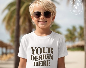 Kids Bella Canvas 3001T White T-Shirt Mockup Kids T-Shirt Mockup Boys TShirt Mockup Kids outdoor Beach Mockup 3001 Boy Toddler Summer Mocks