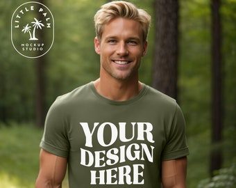 Militärgrön | Bella Canvas 3001 Mockup | T-shirt Mockup | Framsida Mockup | Herr 3001 T-shirt Mockup | Utomhus Strand | Casual Basic | Grön