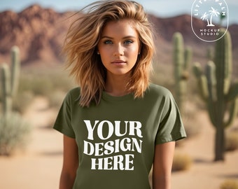 Military Green Gildan 64000 Mockup | Gildan Tshirt Mock up | Green Crewneck Shirt Mock | Gildan G640 | Casual Western Mockup | Summer Desert