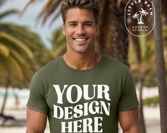 Militärgrön | Bella Canvas 3001 Mockup | T-shirt Mockup | Framsida Mockup | Herr 3001 T-shirt Mockup | Utomhus Strand | Casual Basic | Grön