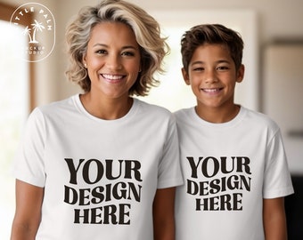 White Bella Canvas 3001 Muttertag Mockup Tshirt Mutter Sohn Indoor Lifestyle Mockup Mama und ich Shirt Mockup Mom Mockup Mutter und Kind Mock