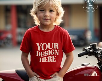 Kids Bella Canvas 3001T Red TShirt Mockup Kids Shirt Mockup Cool Boys T-Shirt Mockup Children 3001 Motorbike Mockup Toddler Summer Mockup