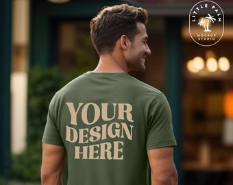 Military Green Gildan 5000 Mens T-Shirt Mockup Gildan Shirt Mockup Casual Basic Male Mockup Cool Lifestyle Quality Mockup Outdoor Back View