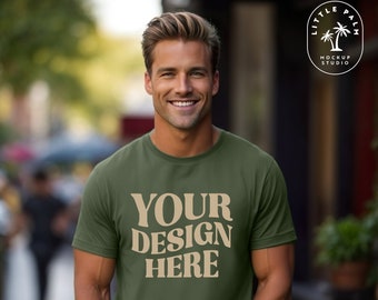 Military Green Gildan 5000 Mens T-Shirt Mockup Gildan Shirt Mockup Casual Basic Male Mockup Cool Lifestyle Quality Mockup Outdoor Front mock