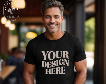 Black Gildan 5000 Mens T-Shirt Mockup Gildan Shirt Mockup Casual Basic Male Mockup Cool Men High quality Mockup Outdoor mock Front view